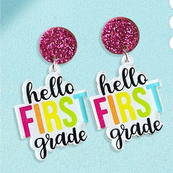 NWT Women’s Dangle Earrings “Hello First Grade” Multi Color Elementary Educator - Picture 3 of 3